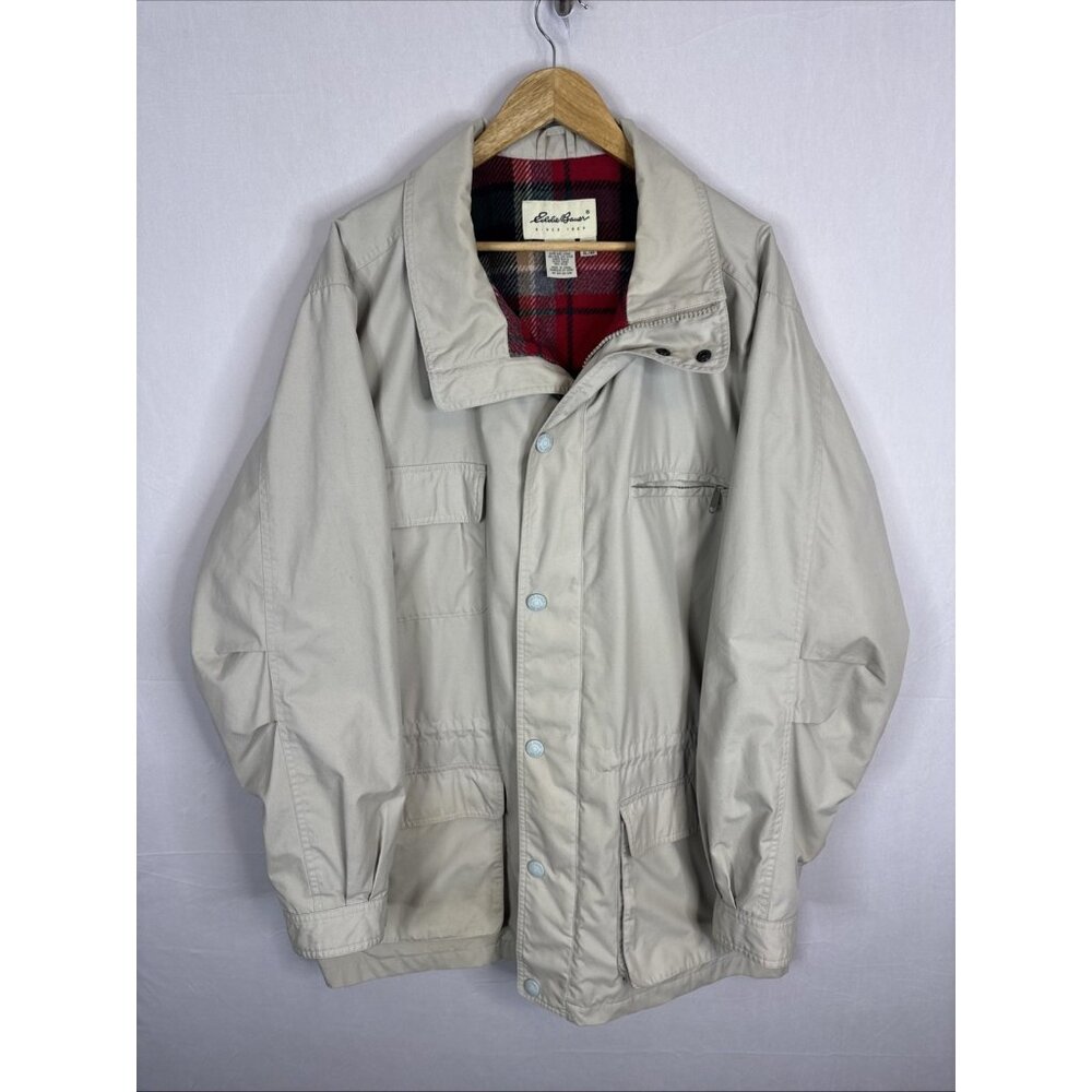 Vintage Eddie Bauer Plaid-Lined Field Jacket Mens‎ XL Tall Beige Outdoor Coat